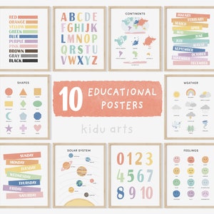 Conjunto de 10 carteles educativos, arte de pared imprimible para niños, paquete de impresión de educación en el hogar, clase Montessori, decoración de aprendizaje de sala de juegos para niños pequeños, regalo de guardería