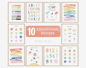 10 Educational Poster Set, Kid Printable Wall Art, Homeschool Print Bundle, Montessori Class, Toddler Playroom Learning Decor, Nursery Gift