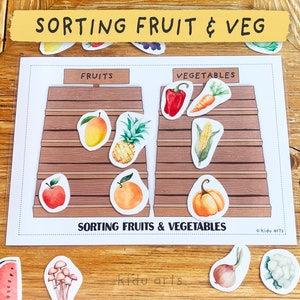 Obst und Gemüse-Sortieraktivität, Vorschul-Arbeitsblatt, Kleinkind-Matching-Spiel, Kinderbildungs-Druck, Homeschool-Lernen, beschäftigtes Buch