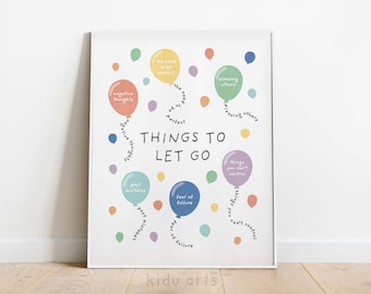 May include: A printable wall art poster with a white background and colourful balloons. The balloons have text inside that says "Things to Let Go" and lists things like "negative thoughts", "fear of failure", and "pleasing others".