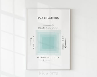 Poster sur la respiration en boîte, oeuvre d'art murale pour le bureau de consultation, décoration de thérapie, signe de santé mentale, technique d'ancrage à la terre anxiété TCC, capacité d'adaptation à imprimer
