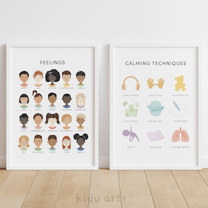 Pósteres de técnicas de calma, póster de sentimientos, impresión de arte de pared para niños, cuadro de estrategias de calma, decoración del aula, conjunto combinado de sentimientos, educativo