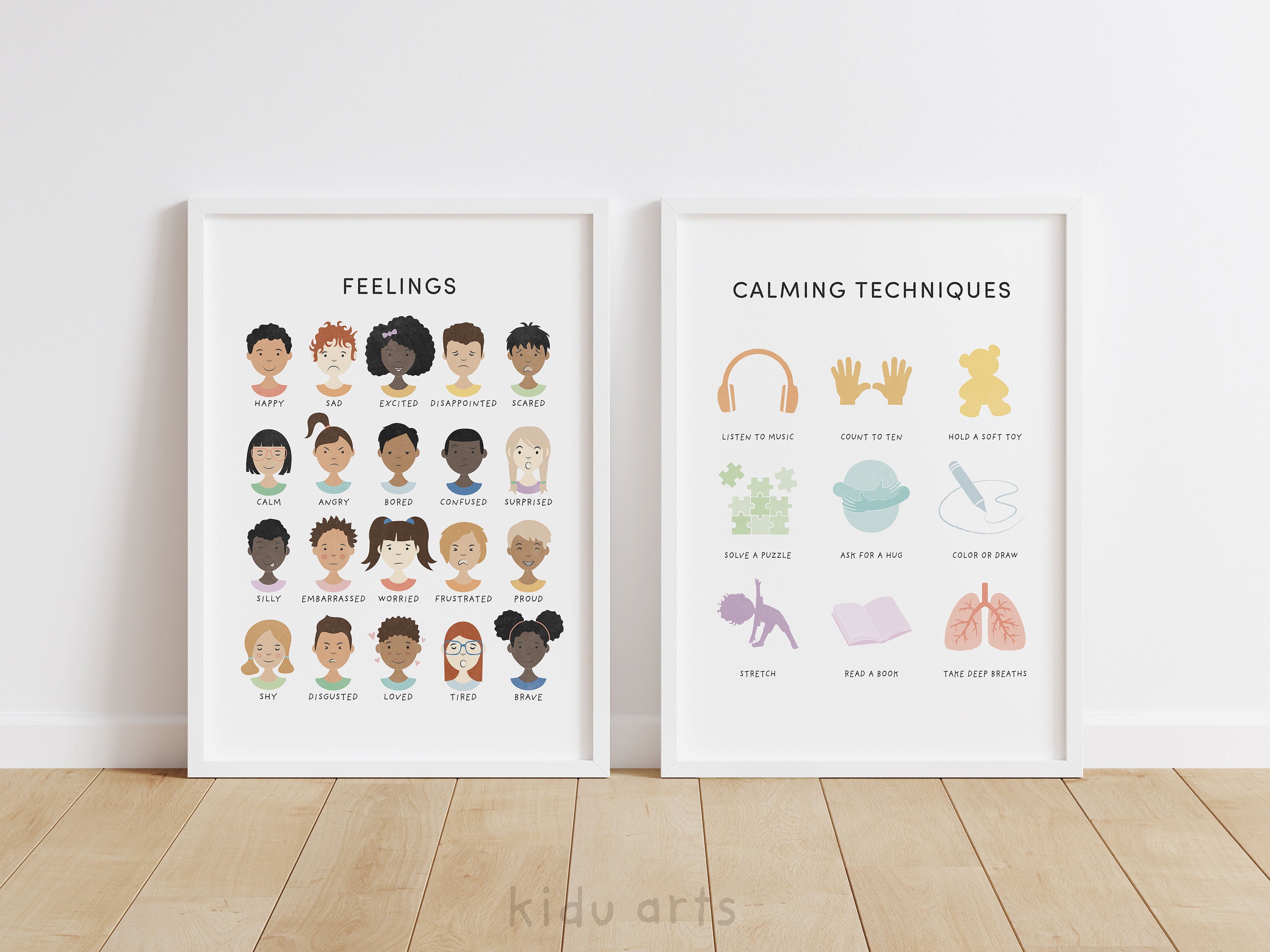 Calming Techniques Posters, Feelings Poster, Kids Wall Art Print, Calm Strategies Chart, Classroom Decor, Feelings Combo Set, Educational