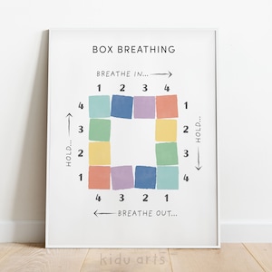 May include: A printable chart with instructions for box breathing. The chart features a square divided into 16 coloured squares with numbers 1-4 on each side. The text "HOLD..." is written vertically on the left side of the square and "HOLD..." is written vertically on the right side of the square. The text "BREATHE IN..." is written horizontally above the square and "BREATHE OUT..." is written horizontally below the square.