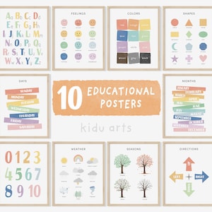 10 affiches éducatives, affiches d'école à la maison, art mural imprimable pour enfants, décoration de salle de classe Montessori, apprentissage dans une salle de jeux pour tout-petits, chambre de bébé neutre