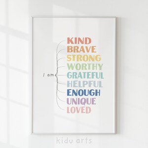 Kids affirmaties poster, Rainbow Wall Art Print, ik ben vriendelijk sterk geliefd, inspirerend decor, positieve speelkamer afdrukbaar, digitale DOWNLOAD