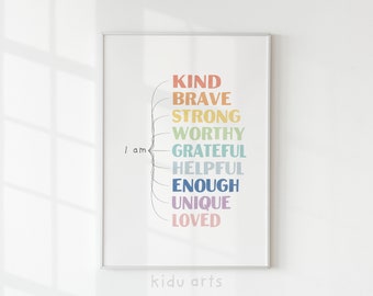 Cartel de afirmaciones para niños, impresión de arte de pared arco iris, soy amable fuerte amado, decoración inspiradora, sala de juegos positiva imprimible, DESCARGA DIGITAL