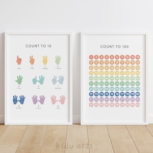 Contar hasta 10, Contar hasta 100 Conjunto de carteles, Impresión de números arcoíris, Decoración de escuela en el hogar, Aula Montessori, Aprendizaje para niños pequeños 1-100, Arte educativo