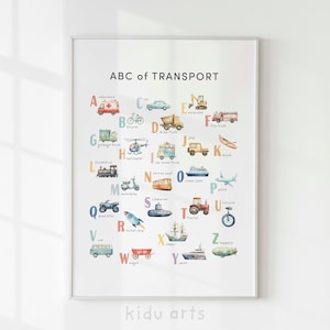 Cartel del alfabeto de transporte, arte de la pared para niños, impresión ABC del vehículo, decoración de la sala de juegos para niños, arte de aprendizaje para niños pequeños, guardería A-Z, DESCARGA DIGITAL