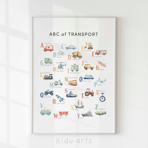 Transport Alphabet Poster, Kids Wall Art, Vehicle ABC Print, Childrens Playroom Decor, Toddler Learning Art, Nursery A-Z,  DIGITAL DOWNLOAD