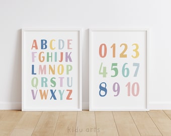Alphabet + Numbers Poster Set, Rainbow ABC Print, Colorful Number Chart 123, Educational Printable Wall Art, Kid Homeschool Classroom Decor