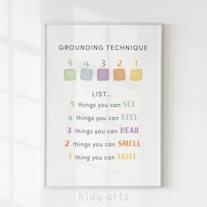 May include: A printable poster with a grounding technique. The poster has a white background with colorful squares and text that reads "GROUNDING TECHNIQUE" and "LIST... 5 things you can SEE, 4 things you can FEEL, 3 things you can HEAR, 2 things you can SMELL, 1 thing you can TASTE".