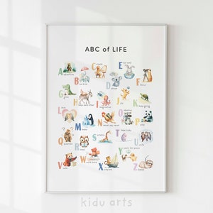 ABC des Lebens Poster, Aquarell Alphabet Druck, Kinder Wandkunst, Kinderzimmer Dekor, Kleinkind Geschenke, AtoZ Homeschool druckbar, Lern-ABC