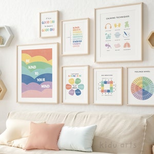 May include: A set of eight colorful printable posters for kids featuring positive affirmations, calming techniques, and mindfulness exercises. The posters include phrases like "Be Kind to Your Mind", "I Can't Control Anyone Else", and "Calming Techniques".