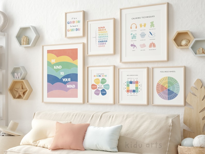 May include: A set of eight colorful printable posters for kids featuring positive affirmations, calming techniques, and mindfulness exercises. The posters include phrases like "Be Kind to Your Mind", "I Can't Control Anyone Else", and "Calming Techniques".