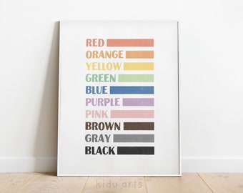 May include: A printable poster with the names of colors in black text, with a colored bar next to each color name. The colors are red, orange, yellow, green, blue, purple, pink, brown, gray, and black.