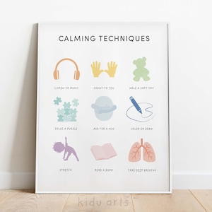 Carteles de técnicas calmantes, impresión de arte de pared para niños, gráfico de estrategias calmantes, decoración del aula, impresión de rincón tranquilo, educativo, DESCARGA DIGITAL