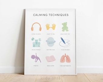May include: A printable poster with calming techniques for children. The poster features illustrations of headphones, hands, a teddy bear, a puzzle, a hug, a pencil and paper, a person stretching, a book, and lungs. The text on the poster reads "Calming Techniques".