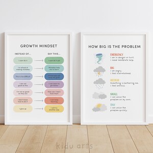 May include: Two printable posters with white frames. The left poster is titled "Growth Mindset" and features a chart with phrases like "I can't do it" and "I can do it if I try." The right poster is titled "How Big Is The Problem?" and features a chart with different sizes of storms, each representing a different level of problem. The poster includes phrases like "Emergency" and "Tiny."