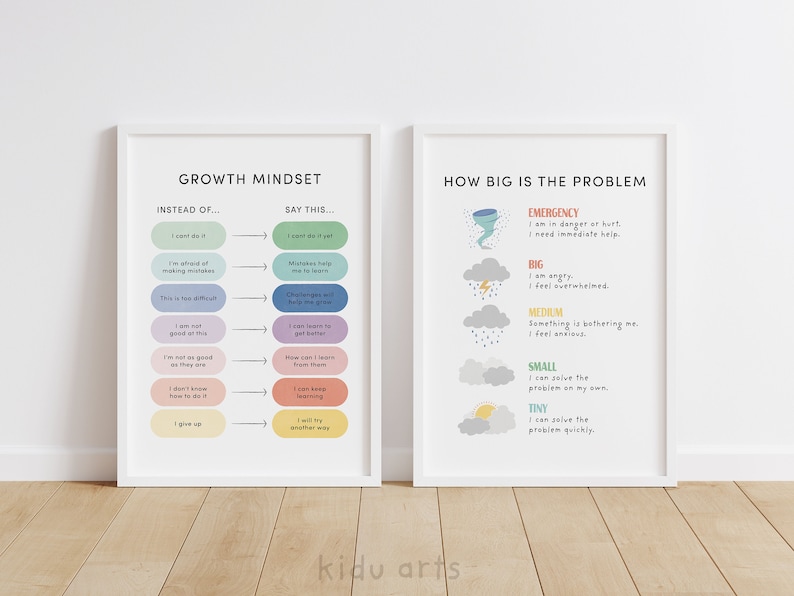 May include: Two printable posters with white frames. The left poster is titled "Growth Mindset" and features a chart with phrases like "I can't do it" and "I can do it if I try." The right poster is titled "How Big Is The Problem?" and features a chart with different sizes of storms, each representing a different level of problem. The poster includes phrases like "Emergency" and "Tiny."