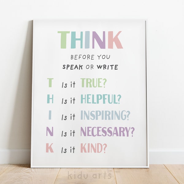 Think Before You Speak Poster, Classroom Wall Art Printable, Therapy Office Decor, Kid Motivational Sign, Counselor Office Print, Montessori