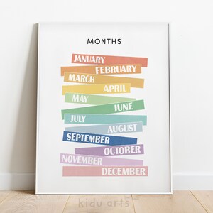 Maanden van het jaar, poster, Kids Wall Art Print, educatieve afdrukbare, Rainbow Homeschool decor, Montessori klaslokaal, digitale DOWNLOAD