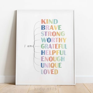 Kids affirmaties poster, Rainbow Wall Art Print, ik ben vriendelijk sterk geliefd, inspirerend decor, positieve speelkamer afdrukbaar, digitale DOWNLOAD