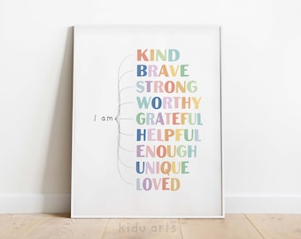 Cartel de afirmaciones para niños, impresión de arte de pared arco iris, soy amable fuerte amado, decoración inspiradora, sala de juegos positiva imprimible, DESCARGA DIGITAL