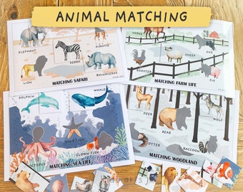 Puede incluir: Un conjunto de tarjetas de emparejamiento de animales imprimibles para niños. Las tarjetas presentan diferentes animales de varios hábitats, incluyendo safari, granja, vida marina y bosque. Cada tarjeta tiene una silueta de un animal y una imagen correspondiente del animal. Las tarjetas están impresas en papel blanco con ilustraciones coloridas.