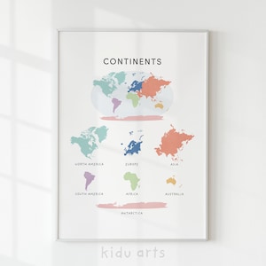 Kontinente Poster, Weltkarte Print, Regenbogen Kinder Wandkunst, Lernen zu Hause, Klassenzimmer Dekor, pädagogische Printable, DIGITAL DOWNLOAD