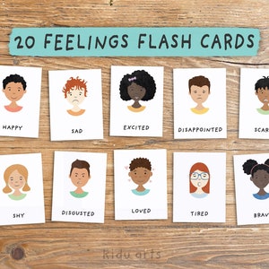 20 Tarjetas didácticas de sentimientos, Tarjetas flash de emociones, Tarjetas educativas imprimibles, Actividad de aprendizaje en casa, Tarjetas Montessori, Gráfico de sentimientos