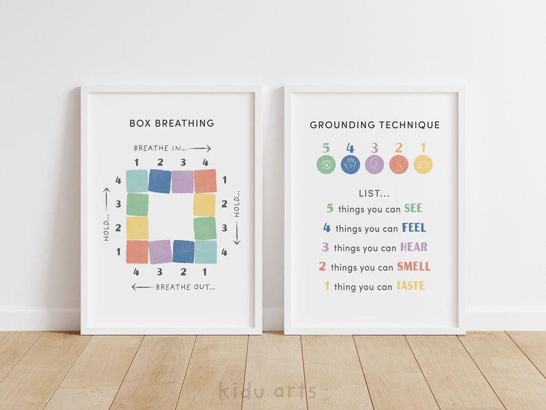 May include: Two printable posters with white frames, one titled "Box Breathing" with a colorful square diagram and instructions for breathing exercises, and the other titled "Grounding Technique" with a list of five senses and instructions for grounding.