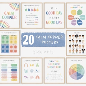 20 Calming Corner Poster Set, Calm Down Strategies, Kids Feelings Wall Art Prints, Counselor Classroom Decor, Emotional Education Printable