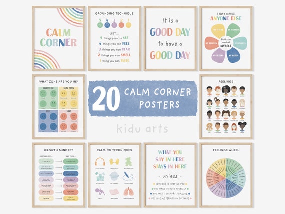 20 Calming Corner Poster Set, Calm Down Strategies, Kids Feelings Wall Art Prints, Counselor Classroom Decor, Emotional Education Printable