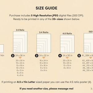 May include: A size guide for digital prints, showing different aspect ratios and sizes in inches and millimeters. The guide includes 2:3, 3:4, 4:5, and ISO ratios. The text reads "Purchase includes 5 High Resolution JPEG digital files (300 DPI). Ready to be printed in any of the 20+ sizes shown below. If printing on 8.5 x 11in Letter sized paper you can use the 4:5 ratio poster (4). If you need another size, please message me!"