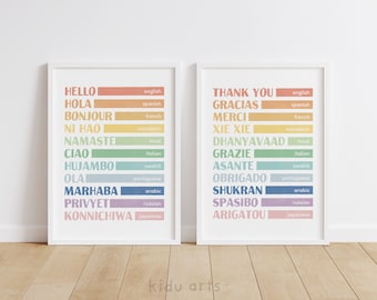 Hello Thank You Language Poster Set, Rainbow Different Languages Print, Translations Poster, Kids Travel Gift, Educational Printable Decor