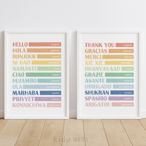 Hello Thank You Language Poster Set, Rainbow Different Languages Print, Translations Poster, Kids Travel Gift, Educational Printable Decor