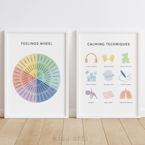 May include: Two printable posters with white frames. The left poster has a colorful wheel with the words "Feelings Wheel" and a list of emotions. The right poster has the words "Calming Techniques" and illustrations of calming activities.