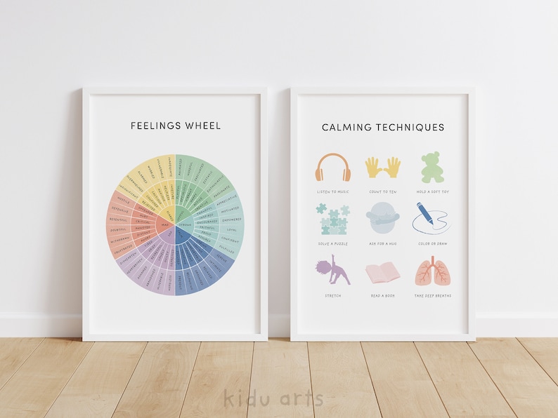 May include: Two printable posters with white frames. The left poster has a colorful wheel with the words "Feelings Wheel" and a list of emotions. The right poster has the words "Calming Techniques" and illustrations of calming activities.