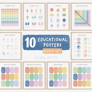 Juego de 10 carteles educativos de matemáticas, impresión de arte mural para niños, aula de aprendizaje de matemáticas, tablas de multiplicación de números contados, DESCARGA DIGITAL