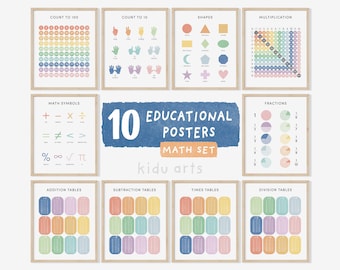 Set of 10 Math Educational Posters, Kids Wall Art Print, Maths Learning Classroom, Counting Numbers Multiplication Tables, DIGITAL DOWNLOAD