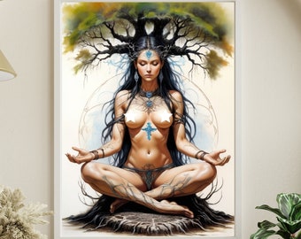 Virgin of the Forest-kunstprint: erotische fantasievrouw, levensboom (digitale download)