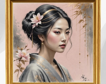 Japanese Woman Portrait Art Print: Oriental Beauty with Kimono (Digital Download)