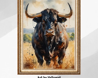 Aquarel rustieke stier: muurkunst Texas boerderij (digitale download)