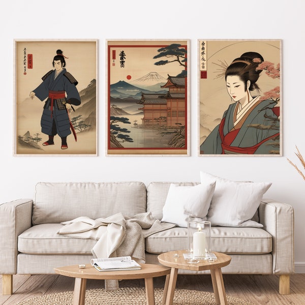 Vintage Japanese Art Set of Three Antique Asian Minimalist Wall Décor Japandi Décor Sumi E Art Minimal Zen Feng Shui Décor DIGITAL DOWNLOAD