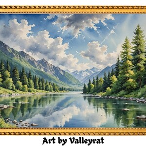 Mountain River Summer Rustic Watercolor Painting Wilderness Art Print Lake House Wall Art Print Mountain Cabin Décor Forest River Painting