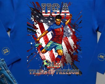 Sudadera de manga larga con la bandera estadounidense y la camiseta de fútbol de EE. UU. del 250 aniversario.