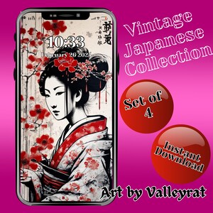 Japanese Traditional Vintage Edo Ink Painting Wallpaper Bundle for iPhone Samsung Mobile Phone Geisha Female Illustration Oriental Girl Art