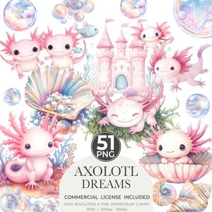 Cliparty Axolotl Dreams do projektów kreatywnych, grafiki zwierząt morskich, sztuka ścienna do pokoju dziecięcego, tworzenie kartek, scrapbooking, sublimacja, efemerydy, PNG