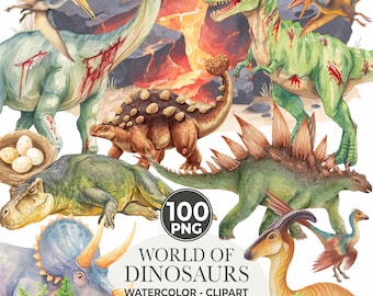 Watercolor Dinosaur Clipart Bundle: Prehistoric Art, 200 PNGs (Digital Download)